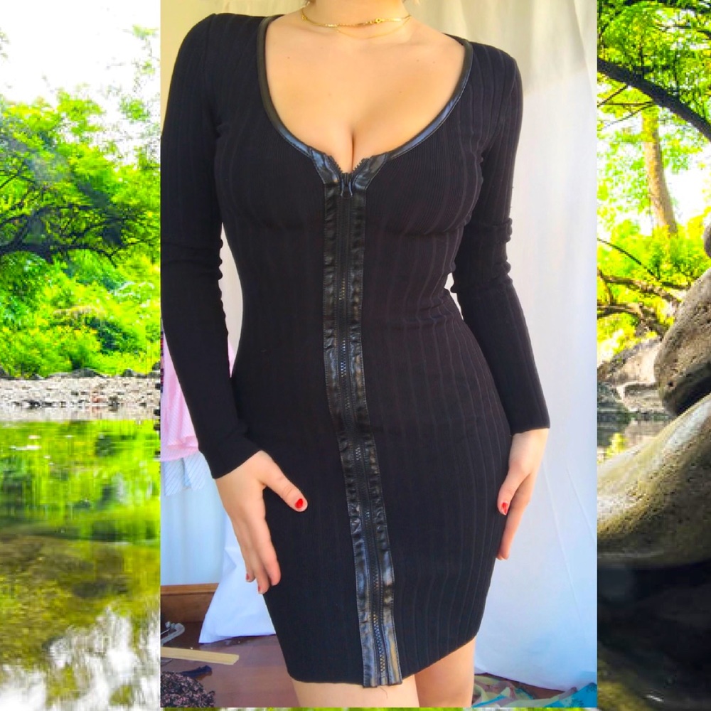NWT RARE Black Bebe S/M Sexy dress leather zipper